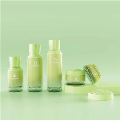 Juego de botellas de vidrio para cosméticos con diseño de campo en terrazas, botella de loción plana con tapa de rosca con almohadilla para tirar a mano para envasar cosméticos